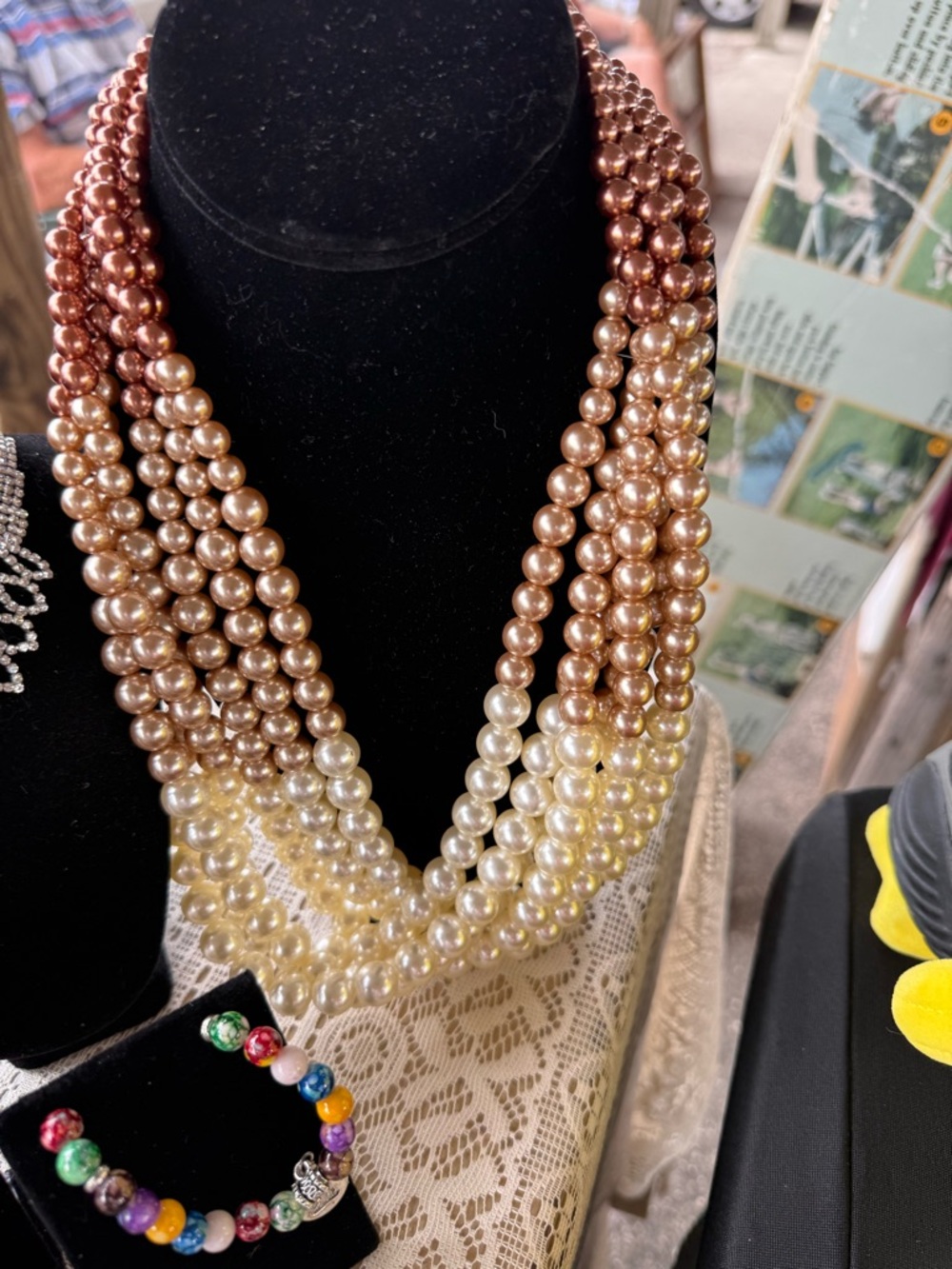 Multi-Strand Pearl Necklace imitation in Champagne and Rose Gold -